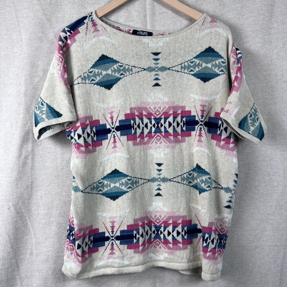 Chaps Womens Aztec Print Sweater Size XL Linen Blend Southwestern Boho Festival‎